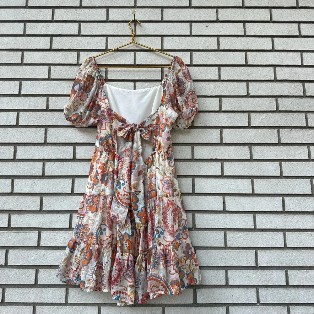 1. STATE Puff Sleeve Gauzy Boho Paisley Floral Tiered Mini Dress Tie Back L